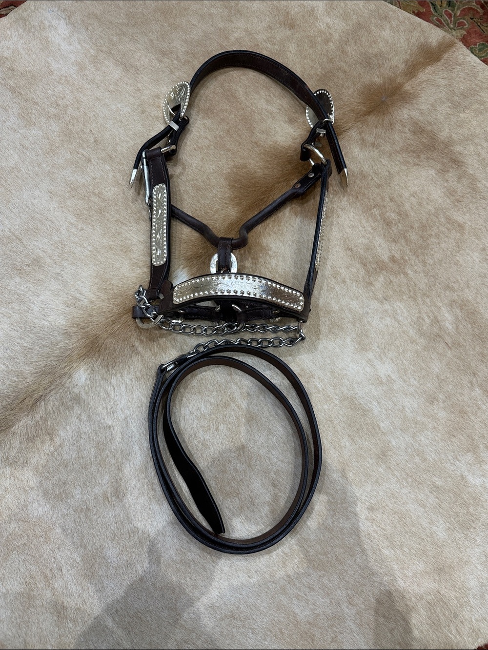 Western-Style Brown Leather Headstall with Silver Accents